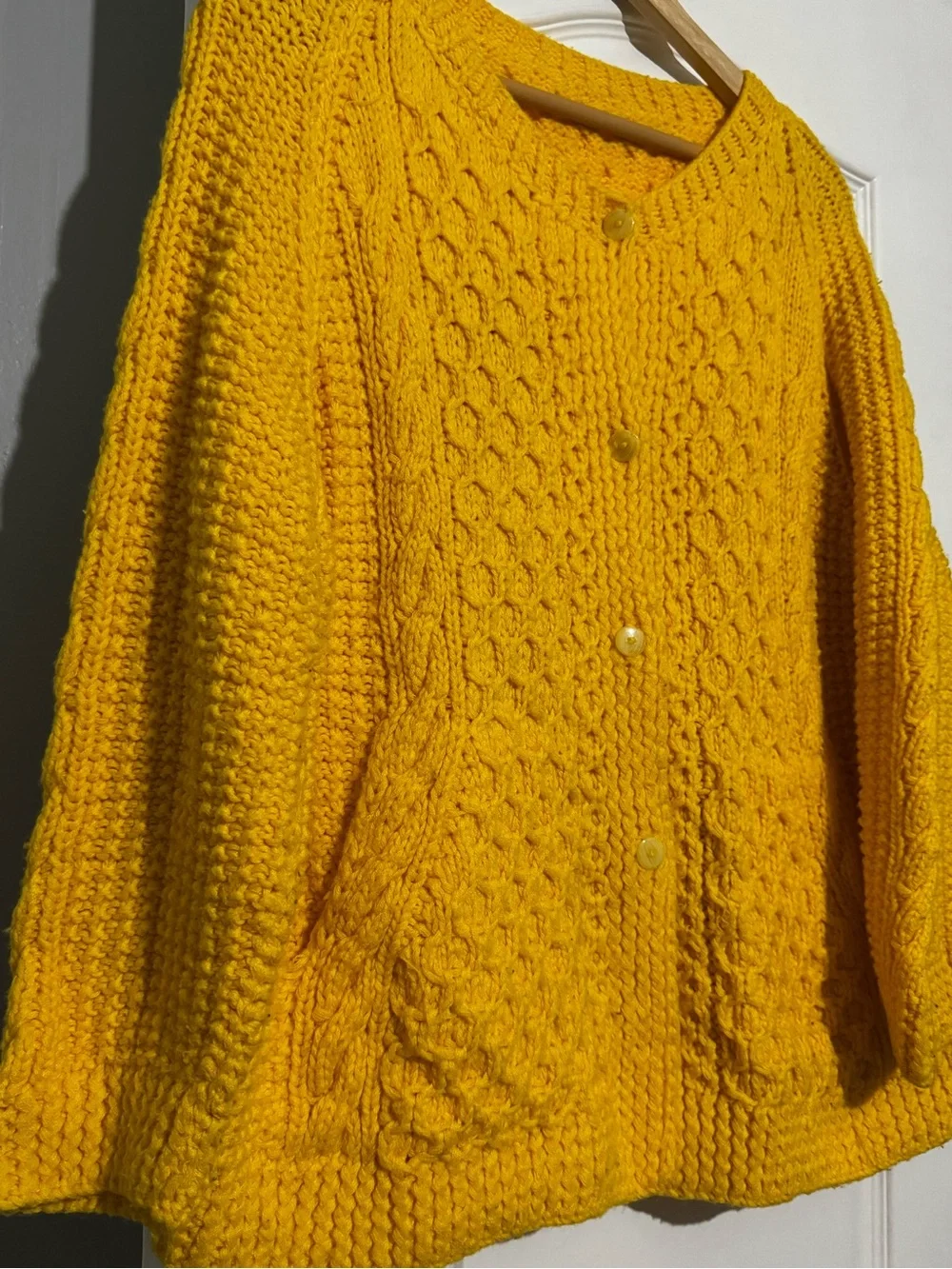 Vintage Plus Size Chunky Knit Button-Front waffle knit Sweater Cardigan - Yellow
